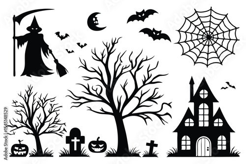 Scary Ghost Silhouette Elements for Halloween Card Decoration

