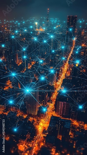 Aerial View of City at Night Illuminated with Network Connections