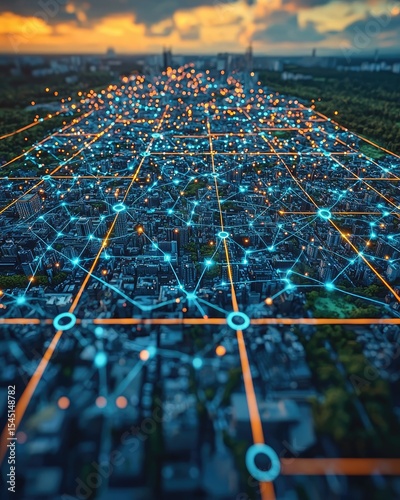 Aerial View of City at Sunset with Glowing Digital Network