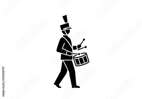 A black silhouette of a marching band drummer with a drum and drumsticks on a white background
