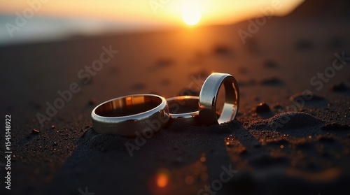 golden rings resting on dark sand at sunset