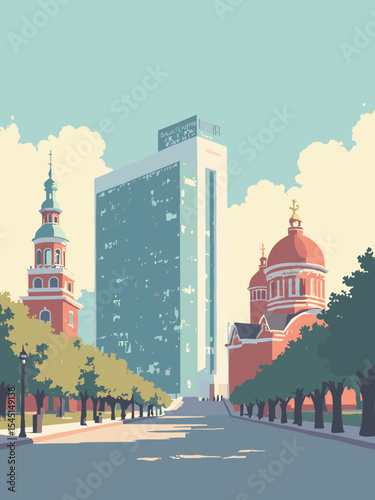 Minsk, Belarus - National Library, Independence Square, Church of Saints Simon and Helena in library glass, plaza grey, church red, and pastel tones