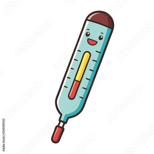 A cheerful medical thermometer with a red tip and yellow scale, depicted on a white background