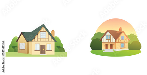 Charming tudor style house with steeply pitched vector art design set