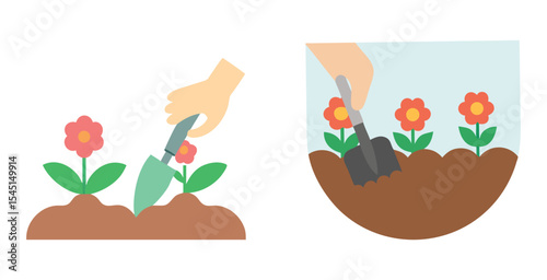 Hands planting vibrant flowers in rich top soil vector art set design