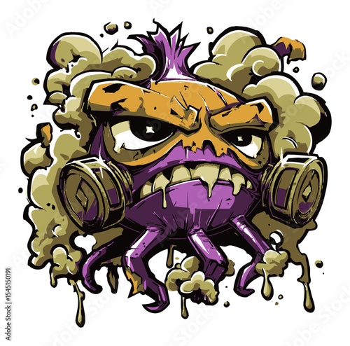 Cartoon Monster with Purple Smirk and Gas Mask Surrounded by Smoke