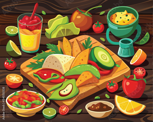 Tex mex food spread with tacos and nachos arranged on wooden surface vector art design 