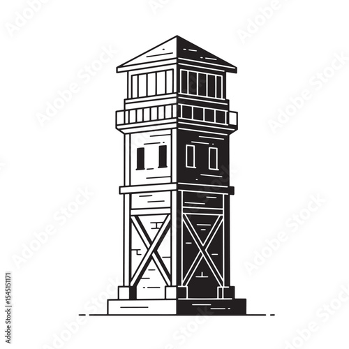 A stylish black and white vintage art silhouette of a watchtower isolated