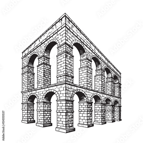 Artistic illustration of a historic roman aqueduct architectural design in a vintage art silhouette style