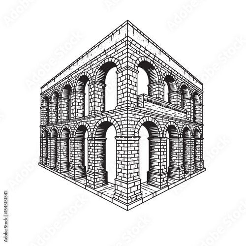 Architectural illustration of a roman aqueduct in a vintage art silhouette style