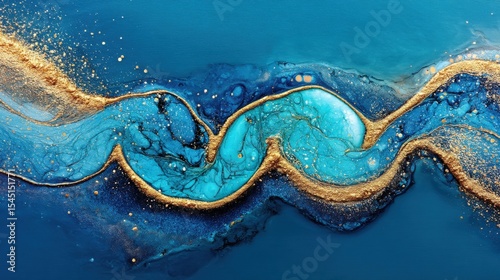 Abstract Ocean-Inspired Fluid Art with Gold Accents and Turquoise Waves