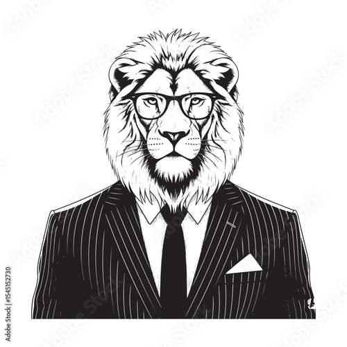 Lion in pinstripe suit wearing glasses monocle
