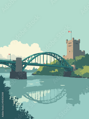 Newcastle upon Tyne, United Kingdom - Tyne Bridge, Newcastle Castle, Baltic Centre for Contemporary Art in bridge green, castle stone, art white, and river blue