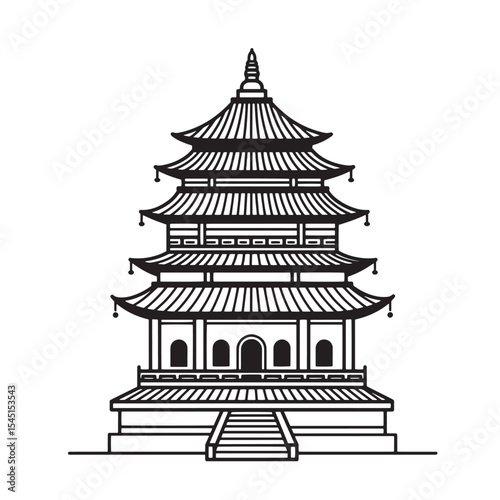 Elegant black and white illustration of a traditional asian pagoda architecture design
