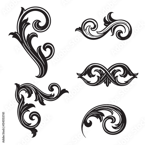 Elegant black and white vintage art silhouette flourishes and swirls on white background for decorative design