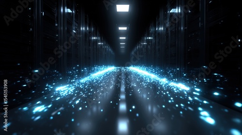 Shot of Corridor in Working Data Center Full of Rack Servers and Supercomputers with Cloud Storage Advantages Icon Visualisation. High quality