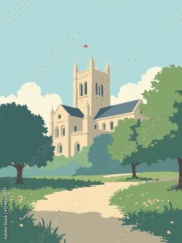 Peterborough, United Kingdom - Peterborough Cathedral, Flag Fen Archaeology Park, Nene Park in cathedral stone, archaeology beige, park green, and sky blue