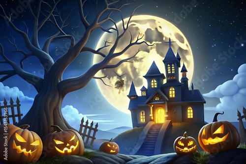Spooky halloween night scene with haunted house and jack olanterns
