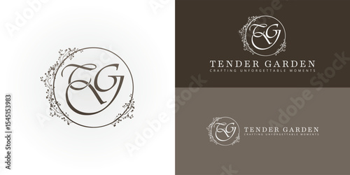 Sophisticated TG monogram for high-end wedding planning. Encapsulates personalized service and elegant event design within a beautiful, organic wreath.