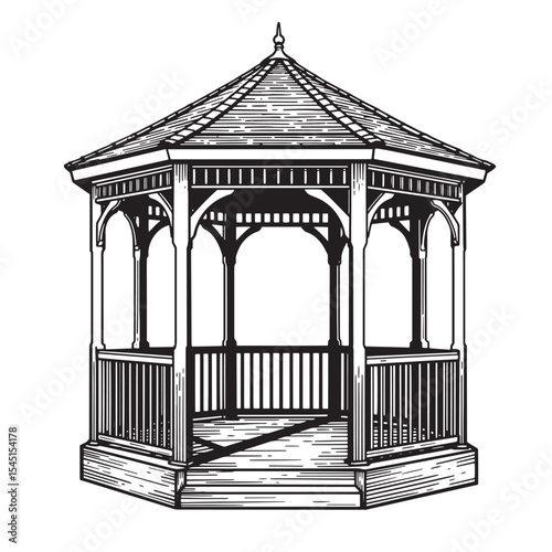 Elegant octagonal gazebo silhouette illustration in vintage art style