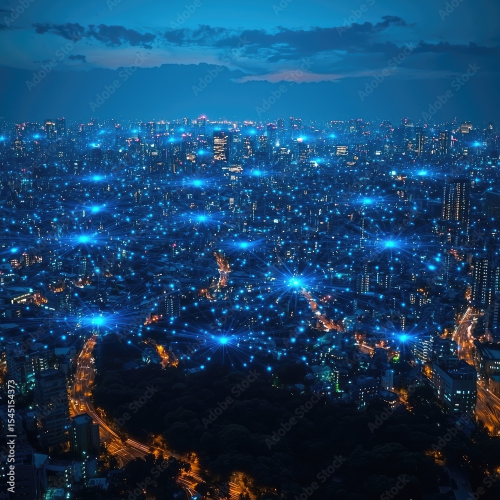 Obraz premium Cyber Data Map Projected on Night Cityscape