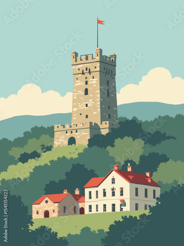Burnley, United Kingdom - Peel Tower, Towneley Hall, Burnley Mechanics Theatre in tower stone, hall cream, theatre red, and park green