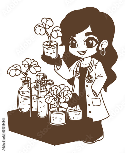 Cute Scientific Illustration of a Researcher with Plants and Laboratory Equipment