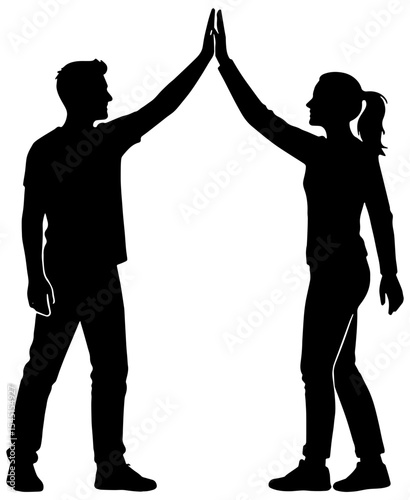 Silhouette of a man and woman giving each other a high 5, isolated 