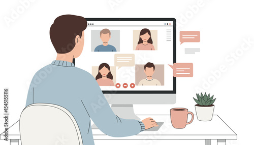 Man Participating in Online Video Conference Call, Collaborating with Team Members Remotely, Highlighting Virtual Meetings, Telecommuting, and Digital Communication Solutions.