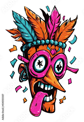 Colorful Cartoon Character with Feathers and Playful Expression