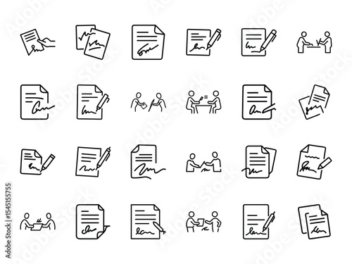 Bundle of Document Signing Silhouettes in Line Style on White Background – Icon Set for Contracts, Agreements, and Business Deal Illustrations

