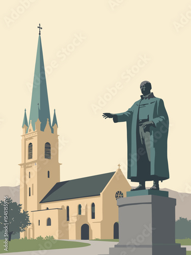 Oldham, United Kingdom - Oldham Parish Church, Robert Peel Statue, Gallery Oldham in church cream, statue bronze, gallery grey, and white