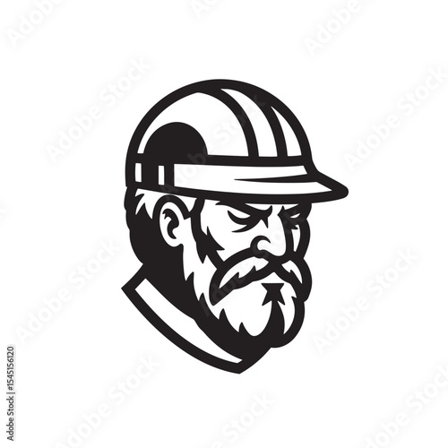 Vintage art silhouette of a bearded construction worker wearing a hard hat facing forward