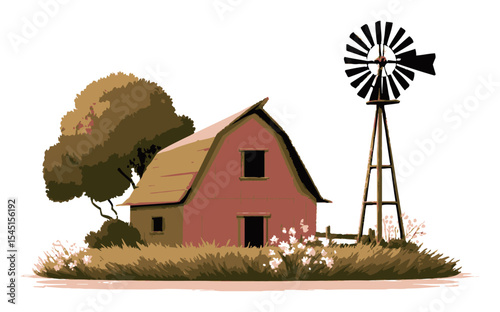 Cartoon Farm Scene with Red Barn, Windmill, and Green Tree Illustration