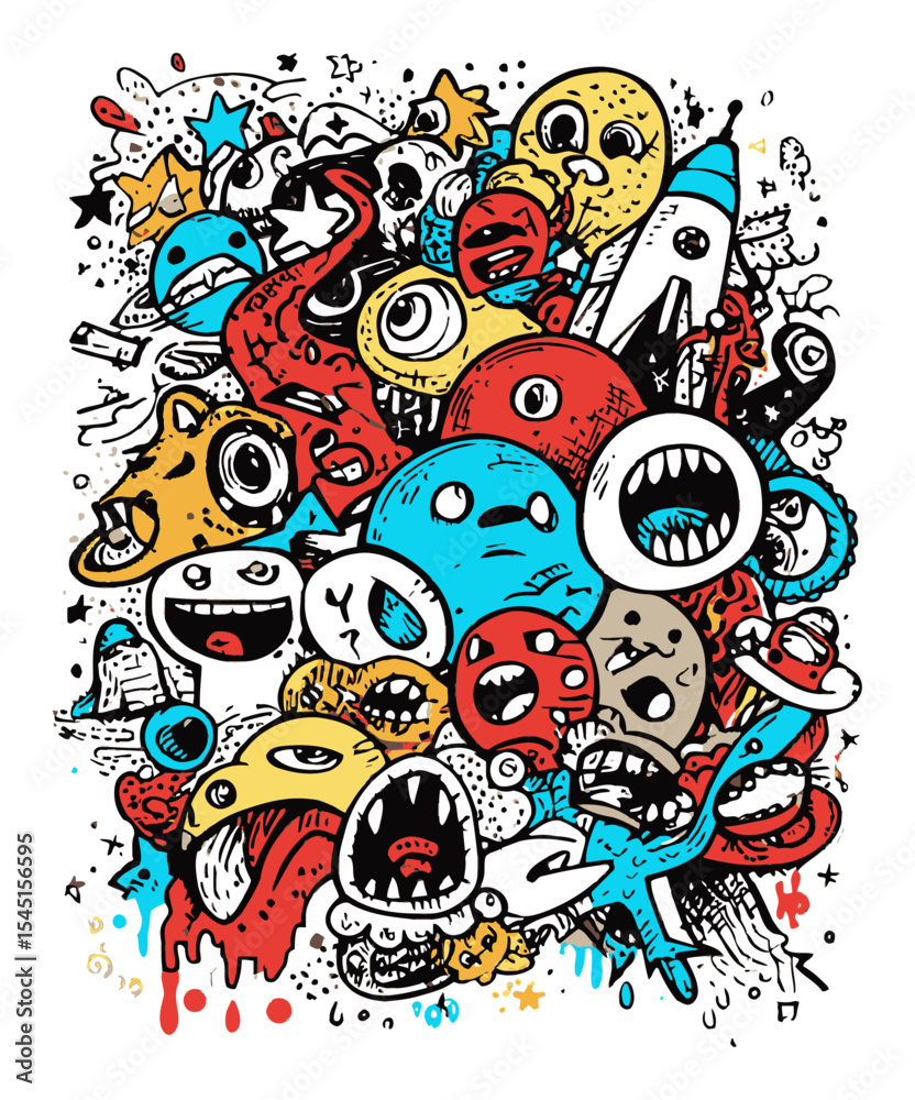 Fototapeta premium Colorful Doodle Illustration with Whimsical Characters and Expressive Faces