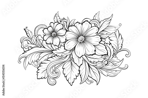 Elegant Floral Blossom Design with Detailed Leaves and Swirling