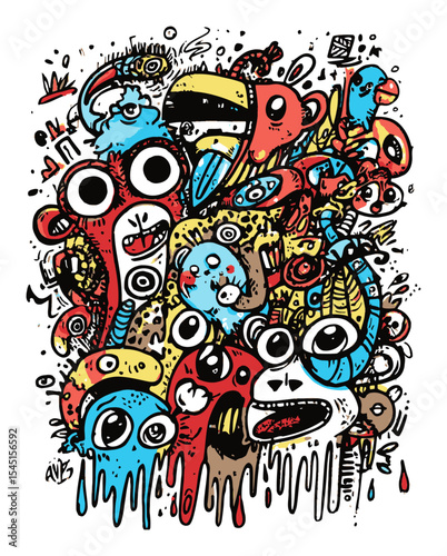 Vibrant Doodle of Cartoon Characters and Colorful Creatures in Collage Style