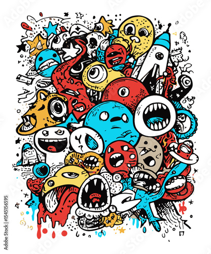 Colorful Doodle Illustration with Whimsical Characters and Expressive Faces