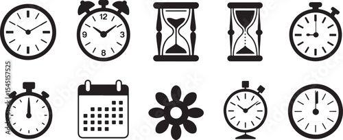 Black and White Line Art Clock Icons Set Time Management Alarm Clock Hourglass Stopwatch Calendar Gear