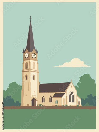 Buckley, United Kingdom - Buckley Common, St Matthew’s Church, Jubilee Clock Tower in common green, church cream, tower bronze, and sandstone