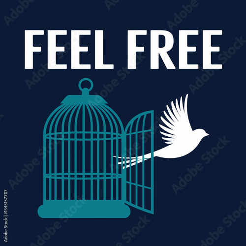Open Birdcage Teal White Bird Freedom Flight Hope Inspiration Graphic Design Digital Art Vector Illustration Freedom Concept Background Image Design Template sky new life wings peace dream power faith