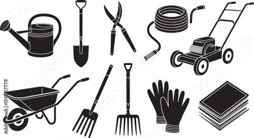 Black and White Line Art Gardening Tools Collection Wheelbarrow Shovel Rake Spade Gloves Hose Lawn Mower