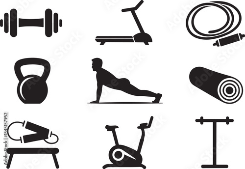 Black and White Line Art Fitness Icons Set Dumbbells Kettlebell Treadmill Jump Rope Exercise Mat Plank Position