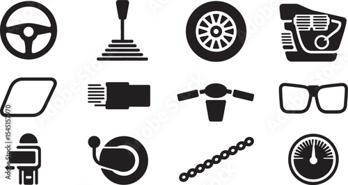 Black and White Line Art Icons Set Car Parts Vehicle Components Gearshift Steering Wheel Engine Wheel Tire