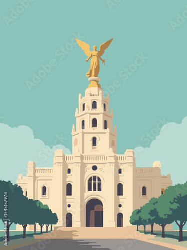 Ciudad de México, Mexico - Palacio de Bellas Artes, Angel of Independence, Templo Mayor in palace cream, statue gold, temple stone, and teal sky