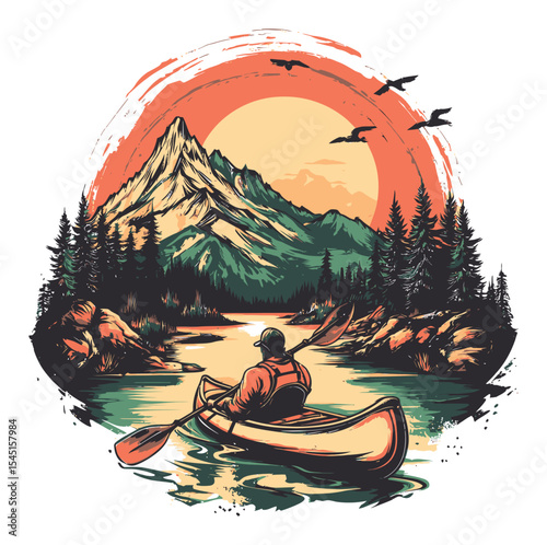 Serene Landscape Illustration of Canoeist in Tranquil Mountains and Lake Scene