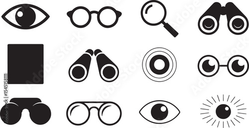 Black and White Line Art Icons Set Eyes Glasses Magnifying Glass Binoculars Vision Optics Symbols spectacles