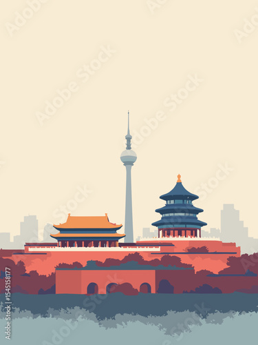 Beijing, China - Forbidden City, Temple of Heaven, CCTV Tower in imperial red, temple blue, tower grey, and sky white