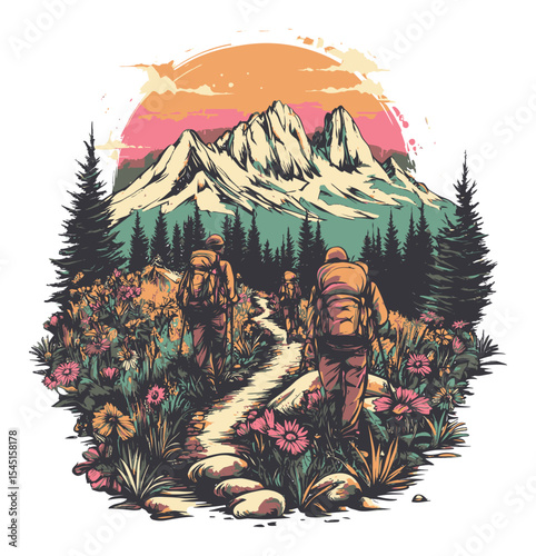 Scenic Mountain Hike with Vibrant Nature Illustration and Adventurers Walking