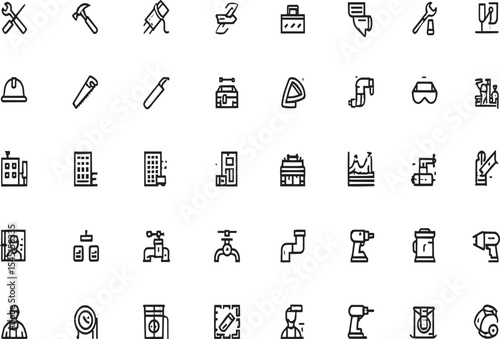 Construction Tools and Building Icons Vector Pack 48 Line Icons